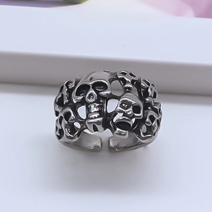 Hip hop punk style alloy skull ring with vintage embossed design and adjustable open band