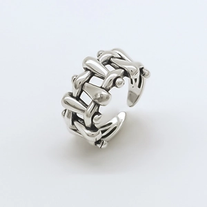 Industrial style silver woven hollow ring with geometric open adjustable design