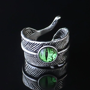 Vintage Gothic Feather Open Ring For Men Alloy Green Evil Eye Adjustable Distressed Silver Punk Jewelry Ring Gift
