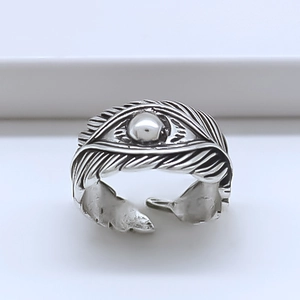 Retro style adjustable feather silver ring with center metallic bead for men and women