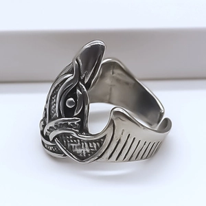 Vintage totem animal ring with silver adjustable open band and antique engraved texture
