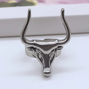 Close-up of the bull head ring detail with sharp horns and polished silver metallic finish