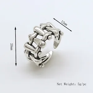 Minimalist woven geometric hollow open ring for men and women in vintage silver finish