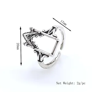 Retro gate-style adjustable ring with engraved triangular window and size dimensions