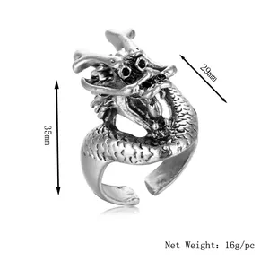 Adjustable dragon-shaped ring in silver finish with detailed scales and dragon head design