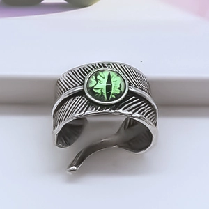 Retro feather open ring for men featuring a green evil eye stone in aged silver finish