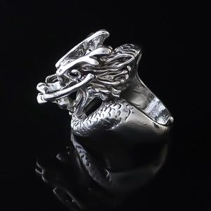 Adjustable silver dragon ring with detailed 3D carving and gothic punk style for men
