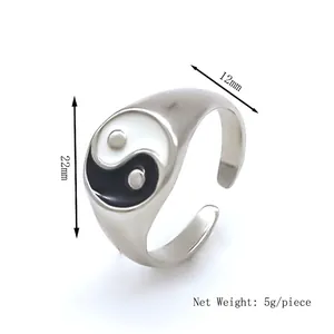 Adjustable silver Tai Chi Yin Yang ring with 22mm face height for fashion styling