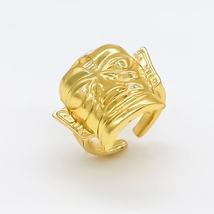 Adjustable golden mask ring with artistic 3D relief design for men and women