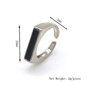 Minimalist geometric square silver open ring with black enamel inlay for men and women