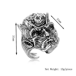 Vintage long-horned monster adjustable silver alloy ring for men with detailed 31mm carving