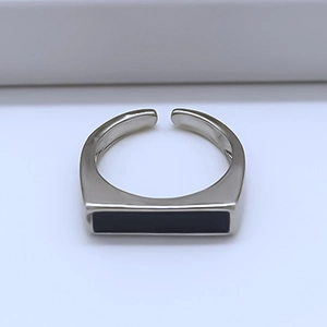 Minimalist adjustable silver ring with rectangular black enamel inlay for men and women