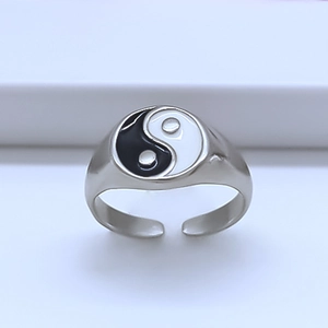 Adjustable silver Tai Chi Yin Yang ring for men with black and white enamel finish