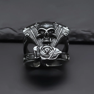 Retro punk skull ring for men with engine design in distressed silver steel