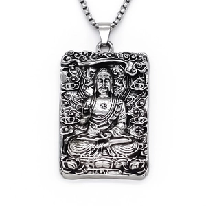 Long square Buddha pendant necklace in antique silver finish with detailed relief