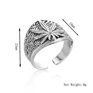 Retro hip-hop maple leaf open ring in vintage silver finish with 18mm width detail