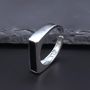 Minimalist silver open ring featuring a geometric black rectangular enamel inlay