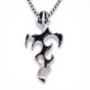 Gothic style cross pendant necklace with black enamel flame pattern and box chain link