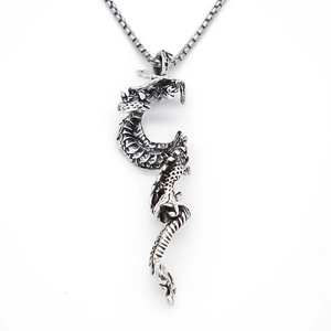 Retro dragon pendant necklace in oxidized silver finish with a fine box chain