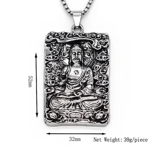 Retro silver Buddha pendant necklace with 52mm x 32mm square alloy charm for men and women