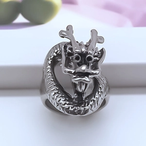 Detail of vintage dragon ring in antique silver finish with 3D embossed scales and horns