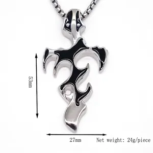Silver alloy punk flame cross pendant necklace with black drip oil finish and box chain