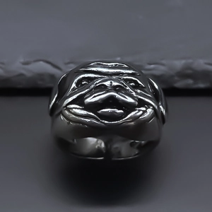 Hip hop style bulldog ring for men with vintage black punk metal finish and detailed pug face