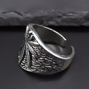 Vintage punk maple leaf pattern open ring with distressed silver finish for men