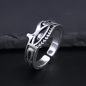 Retro silver Eye of Horus and Ankh Egyptian totem open ring on natural dark stone base