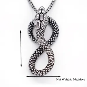 Retro silver snake pendant necklace with detailed scales, size 50mm by 23mm, weight 34g