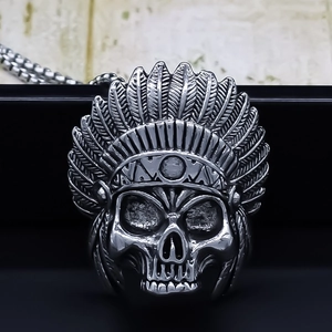 Collar De Pendiente De Calavera De Jefe Indio De Aleación Retro Tocado De Plumas Gótico Punk Joyería De Moda Para Hombre Mujer Fiesta