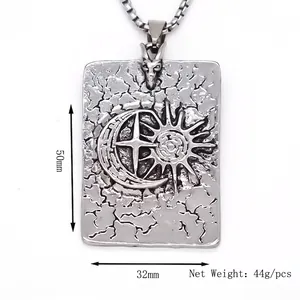 Gothic geometric square pendant necklace with star and moon relief on box chain