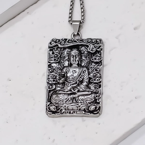 Retro square Buddha pendant necklace with antique finish and silver metal chain