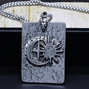Vintage Alloy Sun Moon Star Relief Pendant Necklace Geometric Rectangular Punk Gothic Jewelry For Men Women Couple Accessory