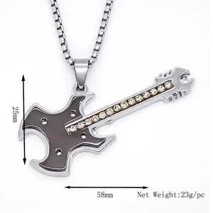 Collier avec pendentif guitare en acier inoxydable, incrustation de cristaux