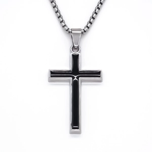 Collier minimaliste en acier inoxydable argenté avec pendentif croix noire et chaîne