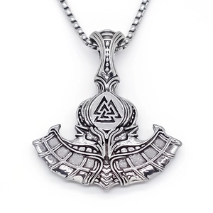 Viking style stainless steel anchor pendant necklace with Valknut symbol on box chain