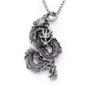 Vintage stainless steel dragon pendant necklace with square bead chain for men