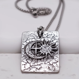 Silver square star and moon relief pendant necklace with vintage textured design