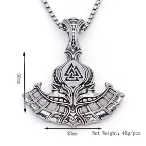 Viking axe pendant necklace in stainless steel with Valknut symbol for men and women