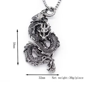 Retro stainless steel dragon pendant necklace with square box chain for men fashion