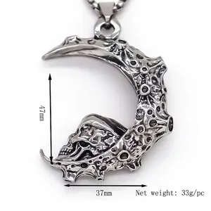 Collier croissant de lune gothique avec pendentif tête de mort, argent vintage