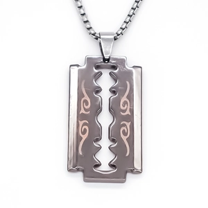 Hip-hop style razor blade pendant necklace with intricate copper tribal patterns
