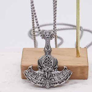 Vintage stainless steel anchor battle axe necklace with Valknut symbol for men and women