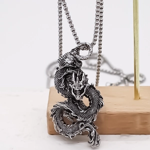 Vintage stainless steel dragon pendant necklace with polished silver square box chain