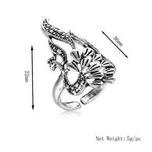 Vintage hollow peacock open ring in retro silver alloy finish with adjustable band size