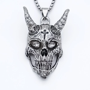 Vintage silver skull pendant necklace with horn design and cross detail on box chain