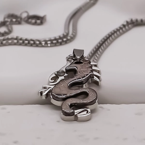 Collier avec pendentif dragon détaillé et chaîne vénitienne en acier inoxydable argenté