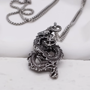 Vintage stainless steel dragon pendant necklace with polished square box chain for men