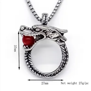Collier avec pendentif dragon vintage en acier inoxydable et une perle rouge